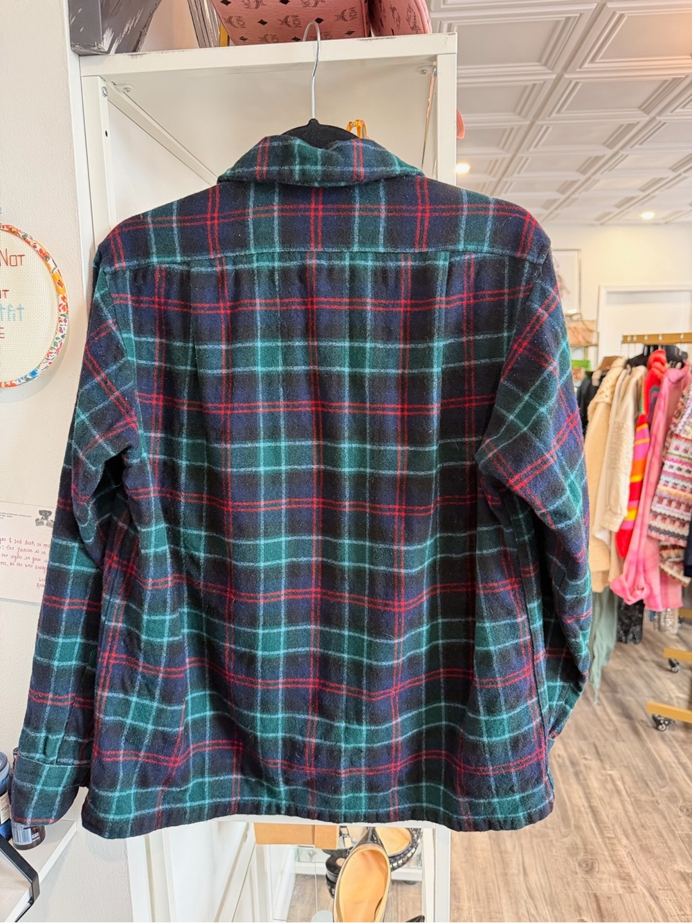Pendleton vintage Black, Green & Red Plaid Wool Button-Up Shirt - Picture 3 of 3